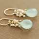 Seafoam Chalcedony Seed Pearl Earrings Handmade Gold Dangle Earrings with Pearl Clusters