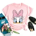 Disney Fashion Cute Daisy Duck Cartoon Print Casual Pink Women T-Shirt O-Neck Tops Short Sleeve