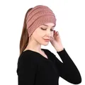 New Women Autumn Winter Ponytail Beanie Hat Solid Color Lady Stretch Knitted Crochet Beanies Hat Cap