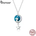 Bamoer Genuine 925 Sterling Silver Blue Enamel Moon & Cat Pendant Necklace Star Neck Chain for Women