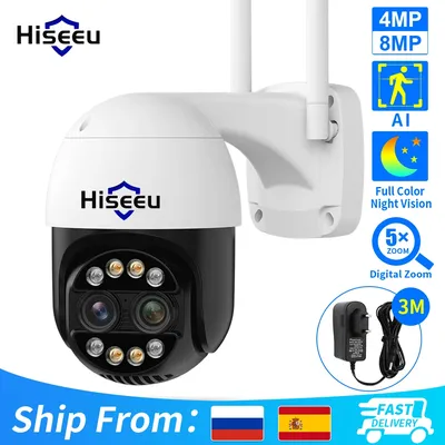 Hiseeu 4K 8MP Dual Lens PTZ Wifi IP Camera 8X Zoom Outdoor HD Full Color Night Vision Human Detection Video Surveillance Cameras