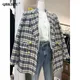 Korean Fashion Plaid Tweed Blazers Women Fall Vintage Double Breasted Quilted Cotton Suit Jacket