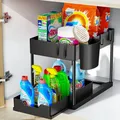 2 Tier Under Sink Organizer Sliding Cabinet Basket Organizer Storage Rack with Hooks Hanging Cup