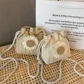 Women's Bag Summer Beach Straw Bags Classic Texture Sunflower Drawstring Woven Bucket Crossbody