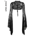 Women Black Lace Shrug Bolero Short Flare Sleeve Cropped Jacket Shrug for Wedding Evening Prom