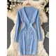 Women Knitted Pencil Dress Korean Long Sleeve V Neck Elastic Slim Dress Autumn Winter Sexy Bodycon