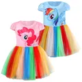 Little Pony Girls Dress 2023 Summer Cartoon Rainbow Mesh Fashion Princess Baby Dress Birthday Party