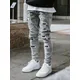 Men's Skinny Ripped Jeans Streetwear Fashion Beggar Patch Men Pencil Pants Grey/Blue Slim Denim