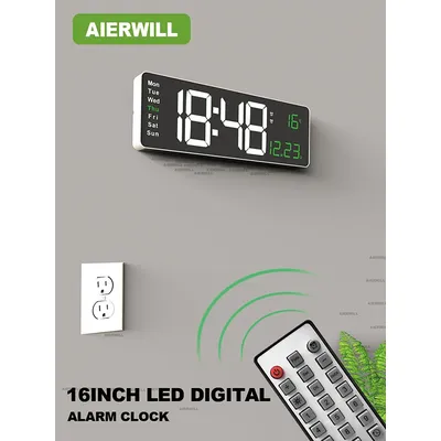 Aierwill N6 Digital Wall Clock 16inch Large Alarm Clock Remote Control Date Week Temperature Clock Dual Alarms LED Display Clock