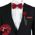 New Solid Color Bow Tie Set For Men Silk Butterfly Hanky Cufflinks Tassel Brooch Polyester Jacquard