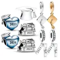 New Blue 2023 Graduation Heart Charm with Cap Bead Fit Original Pandora Charms Bracelet Pendant DIY