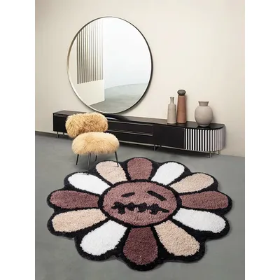 Smiling Face Tufted Rug Flower Art Rug for Bedroom Living Room Retro Rainbow Fluffy Bathroom Smile Rug Nonslip Mat Home Decor
