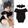 Pudcoco Newborn Baby Girl Clothes Off shoulder Romper Headband 2PCS Outfit Black Lace Romper