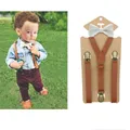 3 Clips Y Back Kid Brown Tan Leather Suspender And Bow Tie Ring Bearer Bowtie Set Birthday Outfit