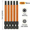 5Pcs T20 T25 Torx Screwdriver Bits 1/4 Inch Hex Shank Magentic Torx Bit Set 75mm Torx Head Drill