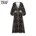 TRAF Embroidery Long Dress Women Black Cut Out Dress Woman Puff Sleeve Midi Dresses for Women Boho