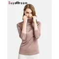 SuyaDream Women Turtleneck Long Sleeved Solid Pullovers Knitted Natural Silk Chic Bottoming T Shirt