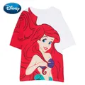 Disney The Little Mermaid Ariel Big Cartoon Print White T-Shirt O-Neck Pullover Casual Sweet Women