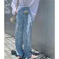 Blue White Flower-dyed Casual Pants Pleated Style Small Fresh Wide-leg Pants High-waisted Loose