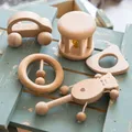 1pc Baby Toy Beech Bear Hand Teething Baby Rattles Wood Ring Cartoon Car Play Gym Montessori