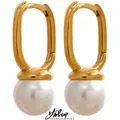 Yhpup Stylish Bright Shell Pearl Stainless Steel Huggie Hoop Earrings 18K Gold Color Texture High