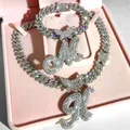 2Pcs Iced Out Butterfly Initial Cuban Necklace Bracelet For Women Rhombus Cuban Link Chain Cursive