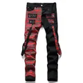 New Fashion Red Plaid Patchwork Punk Zipper Men Pencil Jeans Trousers Y2K Buckle Hip Hop Gothic Slim