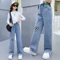 2024 Casual Style Jeans For Girl Teenage Clothes Elastic High Waist Denim Wide Leg Pants Spring Big