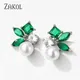 ZAKOL Simple Green Leaf Shape Pearl Stud Earrings for Women Cute Round Marquise Zircon Earring
