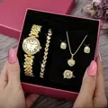 Fashion Luxury Full Crystal 5 Pcs Watch Necklace Earrings Ring Set for Women Rhinestone