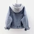 Blue Deconstructable Hooded Turn-down Collar Denim Jacket Women Loose Button Patchwork Outwear Jean
