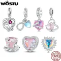 WOSTU 925 Sterling Silver Love Pink Heart Charms Rainbow Moonstone Bead Flower Pendant Fit DIY