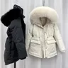 HWL 2024 Cotton Padded Fur Parka New Big Fur Collar Down Winter Jacket Women Thick Warm Parkas