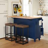 Kitchen Island Set Drop Leaf Countertop and 2 Stool Farmhouse Dining Table Set with Storage Cabinet and Towel Rack,Blue