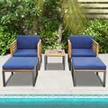 Costway 5pcs Patio Acacia Wood Cushioned Chair Ottoman Table Furniture Set Outdoor Navy