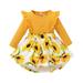 Kucnuzki Newborn Baby Girl Clothes 0 Months Fall Winter Bodysuit 3 Months Long Sleeve Solid Color Upper Sunflower Prints Hemline Romper Bodysuit Yellow