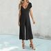 Soighxzc Jumpsuits for Women Solid Cap Sleeve Jumpsuits V Neck Loose Playsuit Summer Button High Waist Bodysuit Wide Leg Capris Romper Overalls Black XL