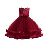 HAPIMO Girls s Party Gown Birthday Dress Sea Pearl Lace Relaxed Comfy Cute Sleeveless Princess Dress Lovely Holiday Mesh Bowknot Swing Hem Round Neck Wine 6-7 Y
