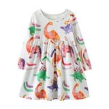 Youmylove Dresses For Girls Toddler Long Sleeve Dress Cute Dinosaur Cartoon Appliques Print A Line Flared Skater Dress Cotton Dress Outfit