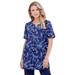 Plus Size Women's Print Notch-Neck Soft Knit Tunic by Roaman's in Navy Graphic Vine (Size L) Short Sleeve T-Shirt