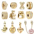 NEW Gold Plated Original Crown Purse & Shell Dangle Charm Pavé Clips Safety Chain Beads Fit Pandora