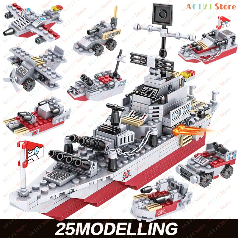 Navy War Chariot Schiff Armee Boot Flugzeug Modell Kriegsschiffe Bausteine Kompatibel mit Lego Bauset für Jungen Ziegel Spielzeug Image