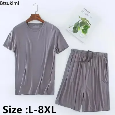 2025 männer Sommer Casual Nachtwäsche Sets Solide HomeWear Anzüge 2 stücke Modal T-shirt und Shorts Übergroßen Sommer Pyjamas männlichen L-8XL Image