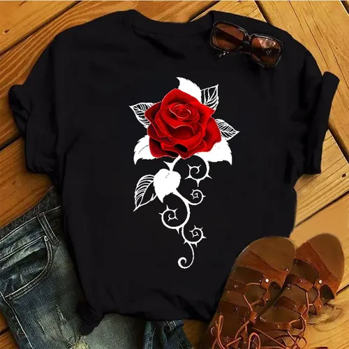 Damenmode T-Shirt Rose 3D-Druck täglich lässig Kurzarmhemd Sommer Rundhals ausschnitt einfache