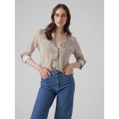 Hemdbluse VERO MODA "VMBUMPY L/S SHIRT NEW WVN GA NOOS", Damen, Gr. M (38), braun (braun lentil stripes:snow weiß), Web, Obermaterial: 100% Viskose, gestreift, modisch, regular fit, V-Ausschnitt, Langarm mit Riegel Manschette, Blusen Image