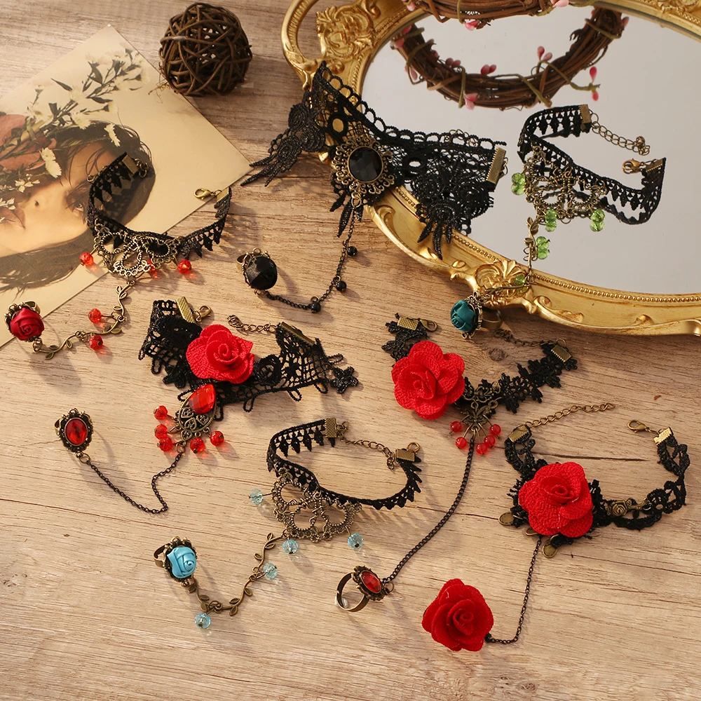 Retro Punk Stil Spitze Armband Finger Armband Rote Blume frauen Armband Persönlichkeit Punk Dame Armband Schmuck Party Cosplay