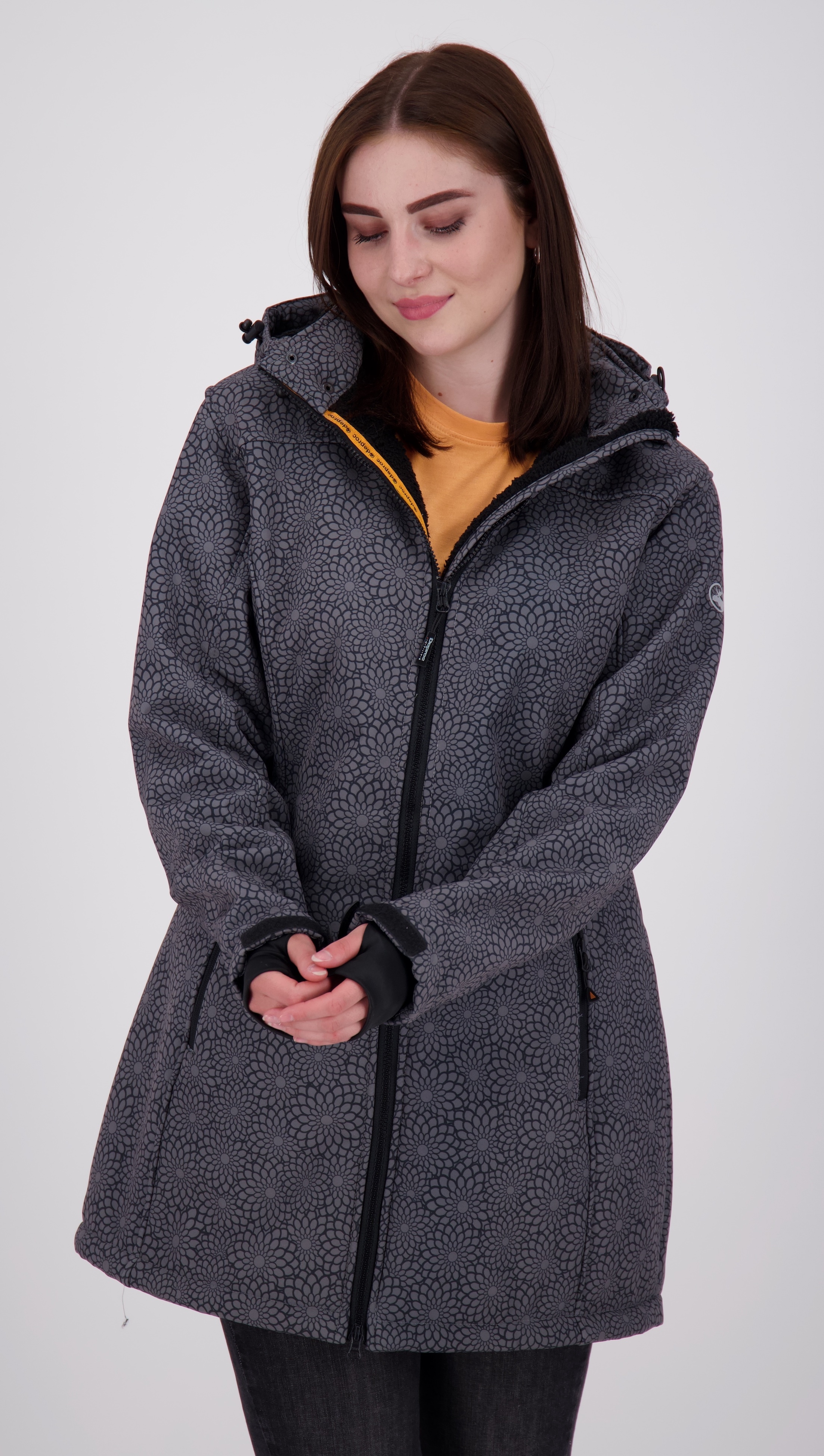 Softshellmantel DEPROC ACTIVE "KEELE PEAK II WOMEN", Damen, Gr. 46 (L), schwarz (schwarz print), 96% Polyester; 4% Elastan, Windstopperbündchen mit Daumenlöchern,mit Schneefang,mit verstellbarem Klettverschluss, Mäntel, auch in Großen Größen erhältlich