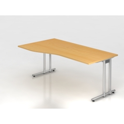 PROREGAL Schreibtisch Mauno | Buche | BxT 180x100/80cm | Arbeitshöhe 72cm | höhenjustierbar 0-10 mm | C-Fuß-Gestell Silber | Bürotisch Image