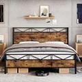 17 Stories Bed Frame w/ Rustic Wood Headboard & Footboard Metal in Brown | 43.3 H x 83.1 W x 78 D in | Wayfair 6B3FCDB259EA4A40B229F92B089DD3D2