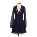 Topshop Casual Dress - A-Line Plunge Long sleeves: Blue Print Dresses - Women's Size 0